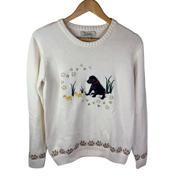 Cabelas Cream Cotton Knit Sweater Labrador Duckling Embroidered Paw Print Small - Picture 1 of 7